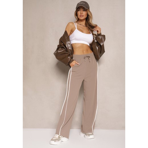 Brązowe Szerokie Spodnie Dresowe High Waist Zdobione Lampasami Sopaline Renee L renee.pl okazja