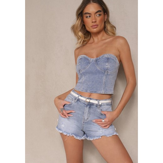 Niebieskie Jeansowe Szorty High Waist z Ozdobnymi Przetarciami i Cyrkoniami Nordis ze sklepu renee.pl w kategorii Szorty - zdjęcie 179969371