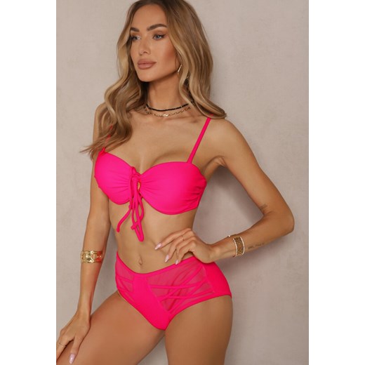 Różowe Bikini Biustonosz i Majtki Figi High Waist z Siateczkowymi Zdobieniami Kinovia ze sklepu renee.pl w kategorii Stroje kąpielowe - zdjęcie 179969790