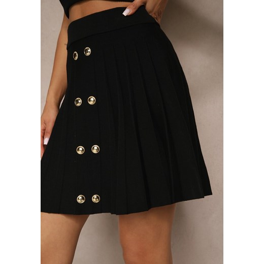 Czarna Spódnica Plisowana z Wiskozą High Waist i Guzikami Natolira Renee M okazja renee.pl
