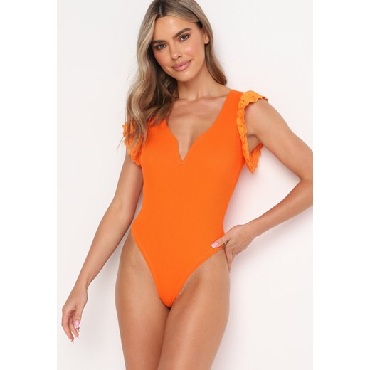 Pomarańczowe Body z Haftowanymi Falbankami Lviya ze sklepu born2be.pl w kategorii Body damskie - zdjęcie 180011934