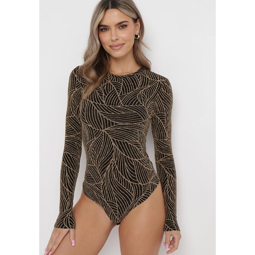 Złote Body z Długim Rękawem Ozdobione Błyszczącą Nitką Penttinen ze sklepu born2be.pl w kategorii Body damskie - zdjęcie 180018340