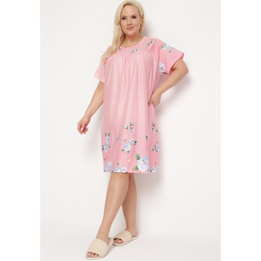 Różowa Koszula Nocna w Kwiatowy Wzór z Krótkim Rękawem Seliaane 2XL born2be.pl promocja