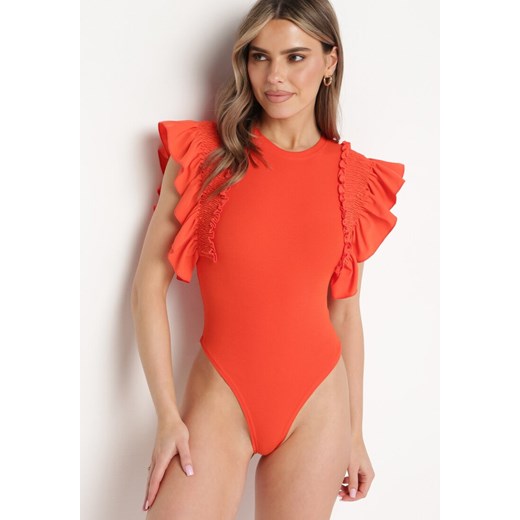 Pomarańczowe Bawełniane Body z Rękawami z Falbanek Zapinane na Napy Gilines ze sklepu born2be.pl w kategorii Body damskie - zdjęcie 180052862