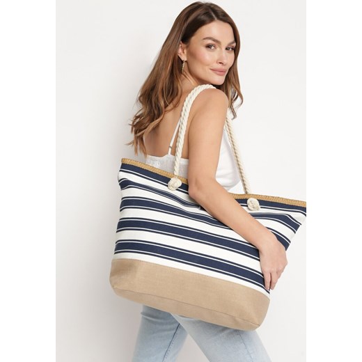 Beżowo-Granatowa Plażowa Torebka Shopper z Rączkami ze Sznurka Wykończona Plecionką Zapinana na Suwak Linneli ze sklepu born2be.pl w kategorii Torby letnie - zdjęcie 180054024