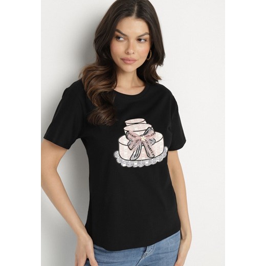 Czarny T-shirt z Bawełny Ozdobiony Nadrukiem i Kokardą 3D Sanathien M okazja born2be.pl