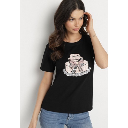 Czarny T-shirt z Bawełny Ozdobiony Nadrukiem i Kokardą 3D Sanathien M okazyjna cena born2be.pl