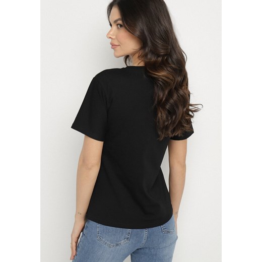 Czarny T-shirt z Bawełny Ozdobiony Nadrukiem i Kokardą 3D Sanathien M okazyjna cena born2be.pl
