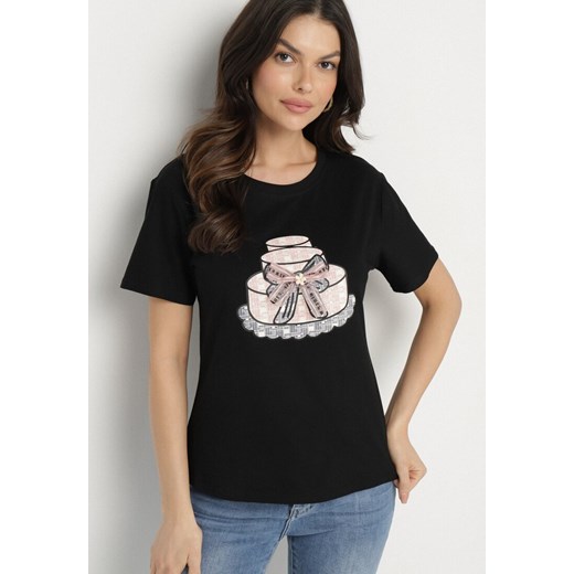 Czarny T-shirt z Bawełny Ozdobiony Nadrukiem i Kokardą 3D Sanathien L born2be.pl okazja