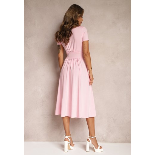 Różowa Sukienka Taliowana z Kopertowym Dekoltem o Rozkloszowanym Kroju Rimadea Renee L okazja renee.pl