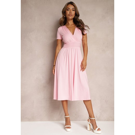 Różowa Sukienka Taliowana z Kopertowym Dekoltem o Rozkloszowanym Kroju Rimadea Renee M renee.pl wyprzedaż