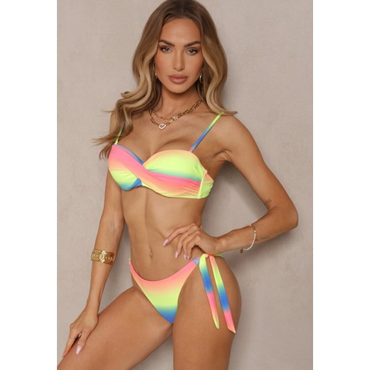 Niebiesko-Żółte Bikini Majtki Typu Figi i Biustonosz z Marszczeniem w Geometryczny Wzór Kinnira ze sklepu renee.pl w kategorii Stroje kąpielowe - zdjęcie 180168554