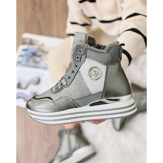 Royalfashion Sportowe szare sneakersy damskie z brokatem Kawellas ze sklepu royalfashion.pl w kategorii Buty sportowe damskie - zdjęcie 180201531