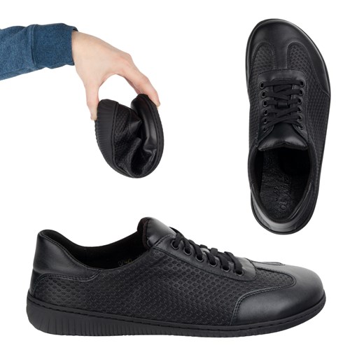 Buty męskie barefoot minimalistyczne skórzane 0742WK czarny tłoczony na czarnym spodzie ze sklepu butyolivier w kategorii Półbuty męskie - zdjęcie 180208264