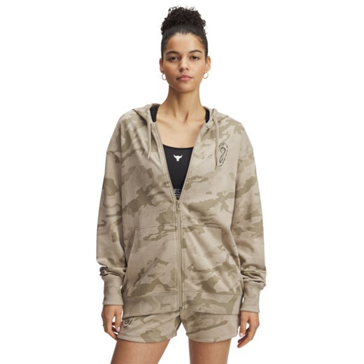 Damska bluza dresowa rozpinana z kapturem Under Armour Project Rock Terry Full Zip - beżowa ze sklepu Sportstylestory.com w kategorii Bluzy damskie - zdjęcie 180211443