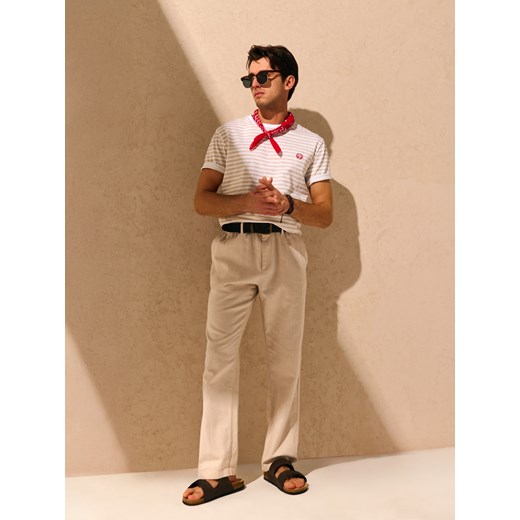 Sinsay - Koszulka w paski z drobnym ozdobnym haftem - beżowy Sinsay XS Sinsay