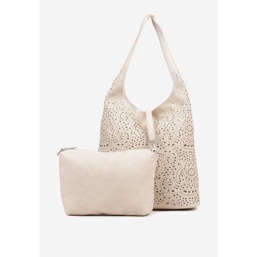 Beżowa Torebka Hobo Zdobiona Ażurowym Wzorem z Dodatkową Saszetką Temienea ze sklepu born2be.pl w kategorii Torby Shopper bag - zdjęcie 180218600