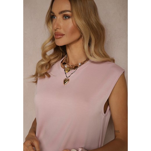 Różowa Sukienka o Pudełkowym Kroju Ozdobiona Rozcięciem Emzia Renee L promocja renee.pl