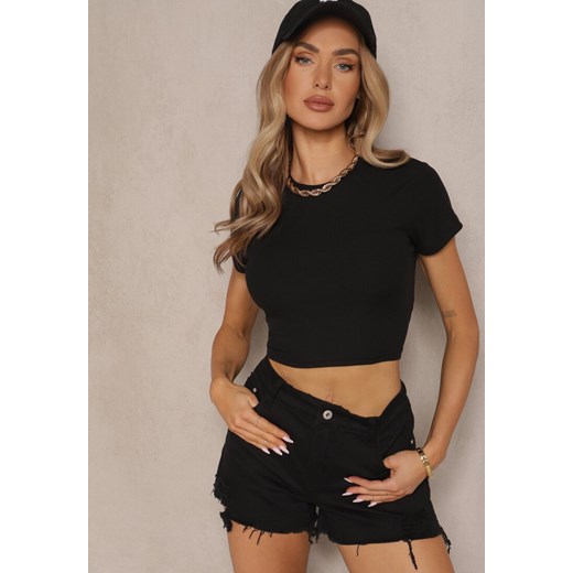 Czarny Krótki T-shirt z Prążkowanej Tkaniny Teloma ze sklepu renee.pl w kategorii Bluzki damskie - zdjęcie 180237130