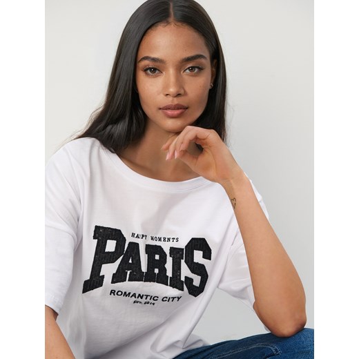 Mohito - Bawełniany T-shirt z napisem - biały ze sklepu Mohito w kategorii Bluzki damskie - zdjęcie 180245604