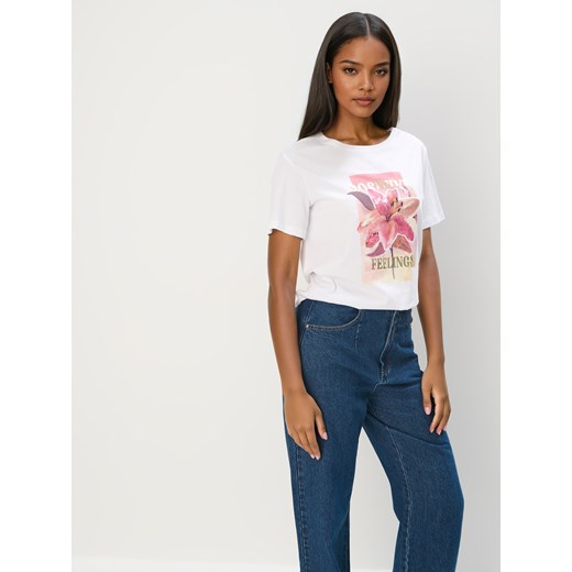 Mohito - Bawełniany t-shirt z printem - biały ze sklepu Mohito w kategorii Bluzki damskie - zdjęcie 180245800
