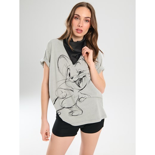 Sinsay bluzka damska szara z okrągłym dekoltem bawełniana w stylu młodzieżowym 