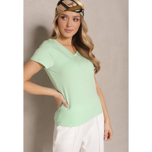 Zielony T-shirt z Bawełny Ozdobiony Trójkątnym Dekoltem Nusinora ze sklepu renee.pl w kategorii Bluzki damskie - zdjęcie 180258441