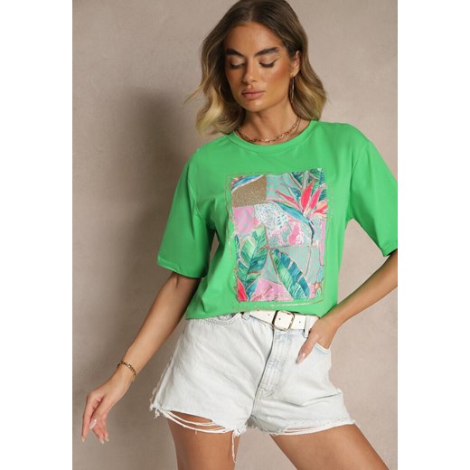 Zielony T-shirt z Bawełny Ozdobiony Brokatem Isadelle ze sklepu renee.pl w kategorii Bluzki damskie - zdjęcie 180258561