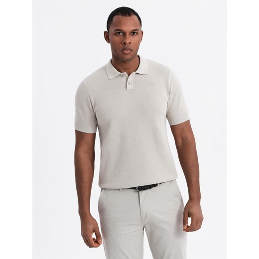 Męska bawełniana koszulka polo ze strukturalnej dzianiny – beżowa V6 OM-POSS-0117 ze sklepu ombre w kategorii T-shirty męskie - zdjęcie 180260754