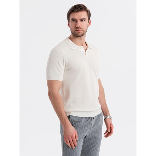 Bawełniana koszulka męska polo ze strukturalnej dzianiny – złamana biel V4 OM-POSS-0117 ze sklepu ombre w kategorii T-shirty męskie - zdjęcie 180260762