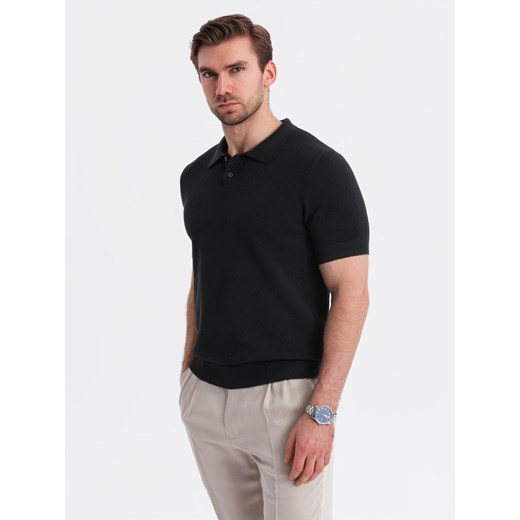 Bawełniana męska koszulka polo ze strukturalnej dzianiny – czarna V5 OM-POSS-0117 ze sklepu ombre w kategorii T-shirty męskie - zdjęcie 180260781