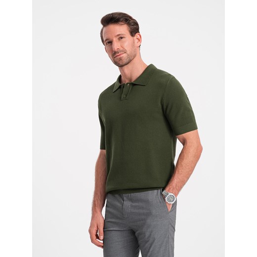 Bawełniana koszulka męska polo ze strukturalnej dzianiny – oliwkowa V1 OM-POSS-0117 ze sklepu ombre w kategorii T-shirty męskie - zdjęcie 180260811