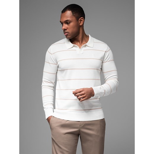 Męski longsleeve polo w poziome paski z wiskozą – biało-beżowy V4 OM-POLS-0146 ze sklepu ombre w kategorii T-shirty męskie - zdjęcie 180260840
