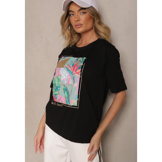 Czarny T-shirt z Bawełny Ozdobiony Brokatem Isadelle ze sklepu renee.pl w kategorii Bluzki damskie - zdjęcie 180261611