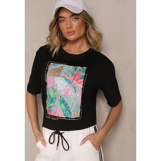 Czarny T-shirt z Bawełny Ozdobiony Brokatem Isadelle ze sklepu renee.pl w kategorii Bluzki damskie - zdjęcie 180261613
