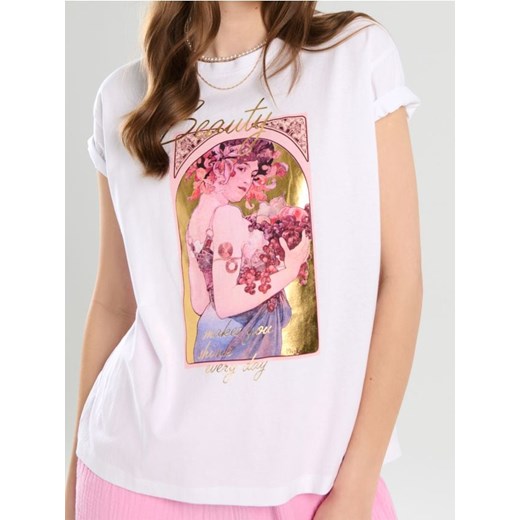 Sinsay - Bawełniana koszulka z nadrukiem Alphonse Mucha - biały ze sklepu Sinsay w kategorii Bluzki damskie - zdjęcie 180267293