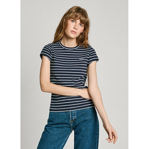 Bluzka damska Pepe Jeans niebieska z okrągłym dekoltem z krótkimi rękawami z haftami 