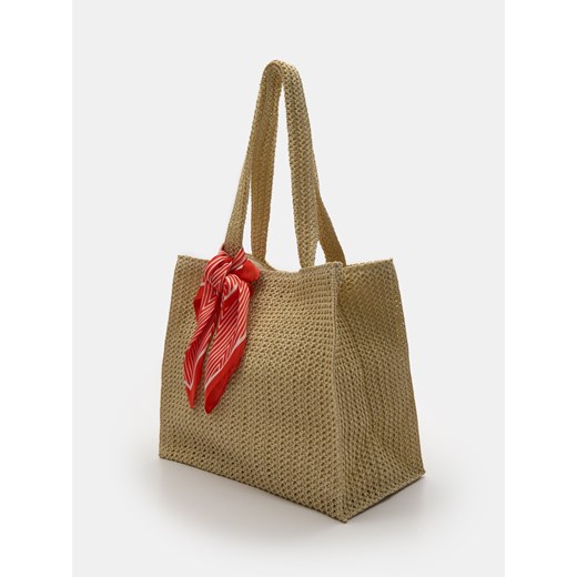 Sinsay - Torebka pleciona shopper z ozdobną apaszką - kremowy Sinsay One Size Sinsay