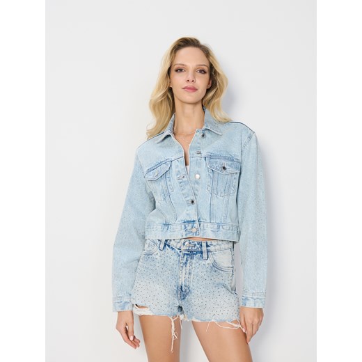 Sinsay - Szorty jeansowe high waist z cyrkoniami - niebieski Sinsay 42 Sinsay