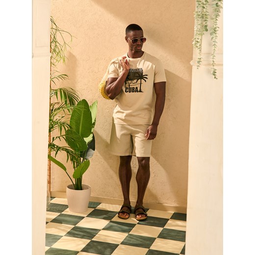 Sinsay - Koszulka z nadrukiem o motywie roślinnym - beżowy Sinsay S Sinsay