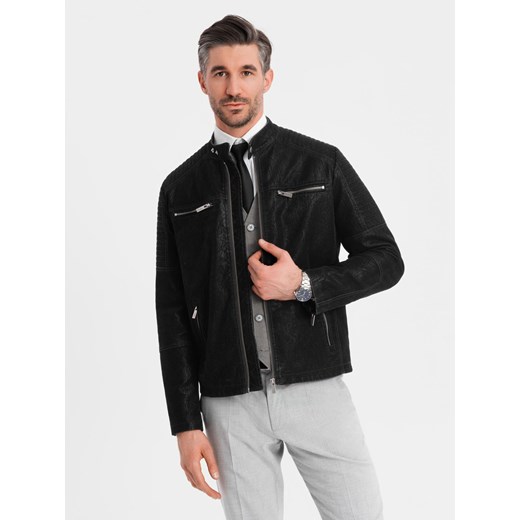 Kurtka męska biker ze stójką w stylu retro – czarna V2 OM-JAFL-0197 ze sklepu ombre w kategorii Kurtki męskie - zdjęcie 180284754