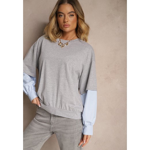 Szara Bawełniana Bluzka Ozdobiona Koszulowymi Rękawami w Paski Milseli Renee ONE SIZE promocja renee.pl