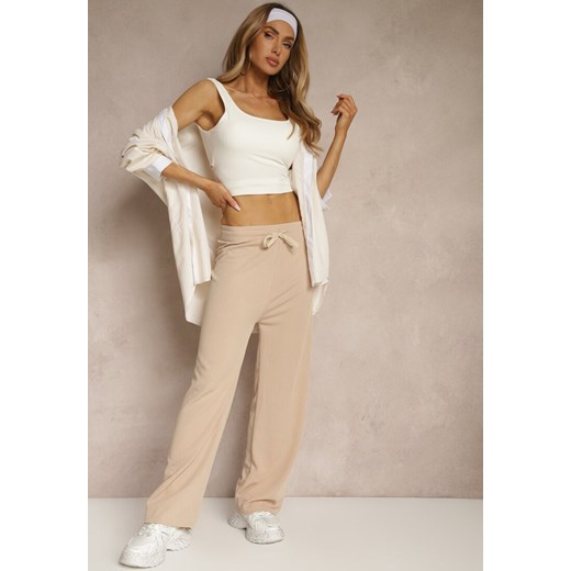 Beżowe Spodnie o Szerokim Kroju High Waist Savianne Renee L renee.pl