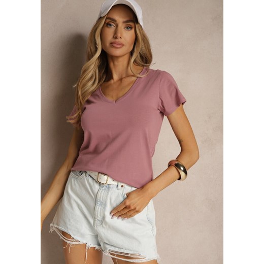 Ciemnoróżowy Bawełniany T-shirt z Trójkątnym Dekoltem Linalitia ze sklepu renee.pl w kategorii Bluzki damskie - zdjęcie 180286041