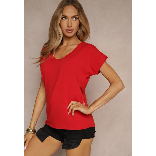 Czerwony T-shirt z Bawełny z Dekoltem w Serek Linithiela Renee XS renee.pl