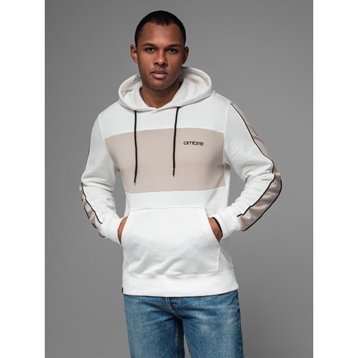 Męska bawełniana bluza z kapturem z kontrastującymi elementami - biała V1 OM-SSNZ-0225 ze sklepu ombre w kategorii Bluzy męskie - zdjęcie 180324822