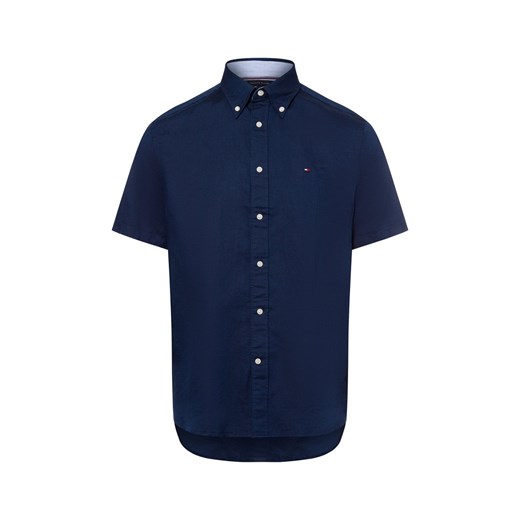 Tommy Hilfiger Męska koszulka z krótkim rękawem z zawartością lnu Mężczyźni Regular Fit Bawełna granatowy jednolity ze sklepu vangraaf w kategorii Koszule męskie - zdjęcie 180325570