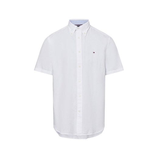 Tommy Hilfiger Męska koszulka z krótkim rękawem z zawartością lnu Mężczyźni Regular Fit Bawełna biały jednolity ze sklepu vangraaf w kategorii Koszule męskie - zdjęcie 180325571