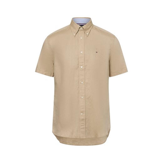 Tommy Hilfiger Męska koszulka z krótkim rękawem z zawartością lnu Mężczyźni Regular Fit Bawełna beżowy jednolity ze sklepu vangraaf w kategorii Koszule męskie - zdjęcie 180325572