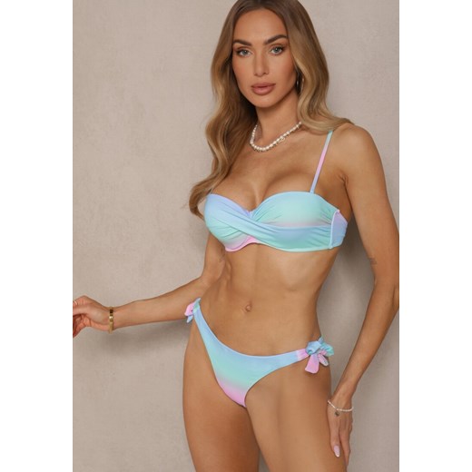 Jasnoniebieskie Bikini Majtki Typu Figi i Biustonosz z Marszczeniem w Geometryczny Wzór Kinnira ze sklepu renee.pl w kategorii Stroje kąpielowe - zdjęcie 180343352
